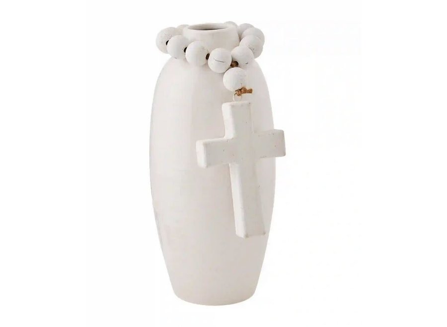 Tall White Beaded Stoneware Vase