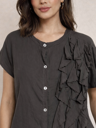 Cotton Sleeve Frill Blouse Brown S/M