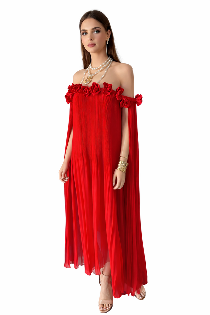 Red Pleated Long Dress S/M