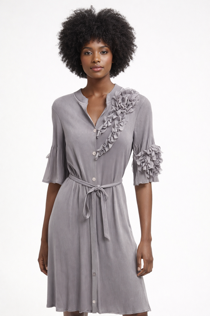 Gray Pleated  Flower Dress  S/M