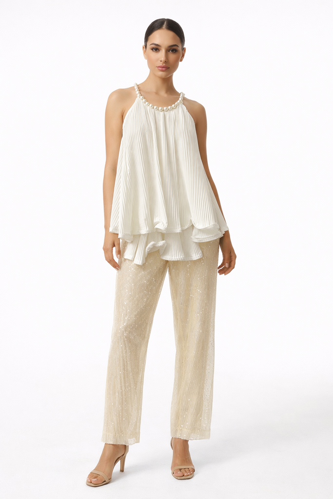 White Pleated Pearl Top S/M