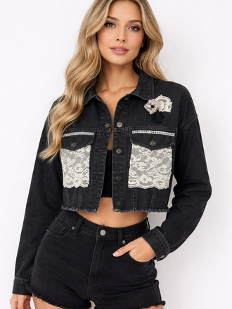 C|Dobbs Blk Denim Lace Crop Jacket