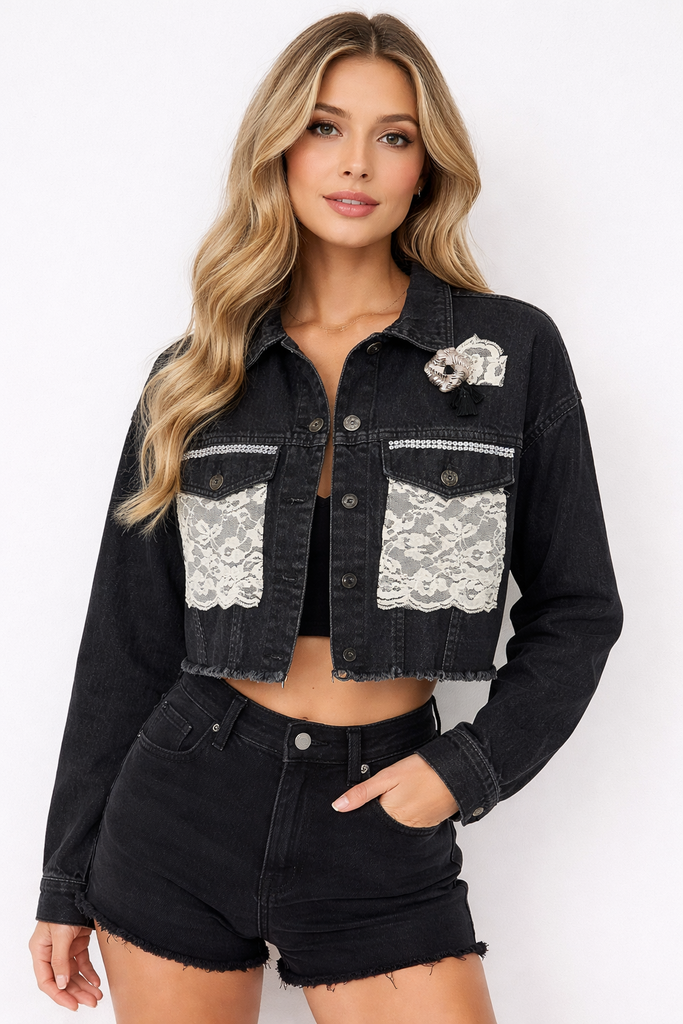 C|Dobbs Blk Denim Lace Crop Jacket