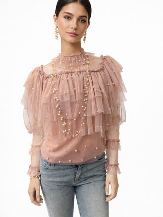 SheerPink Pearl Blouse  S/M