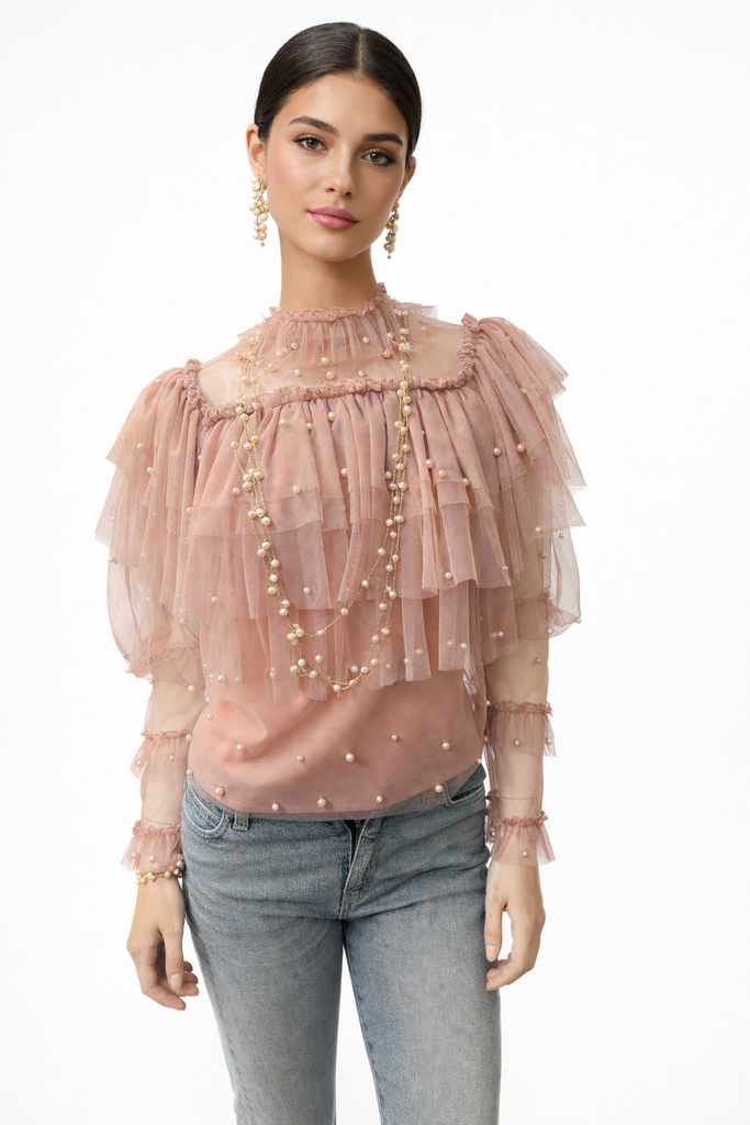 SheerPink Pearl Blouse  S/M