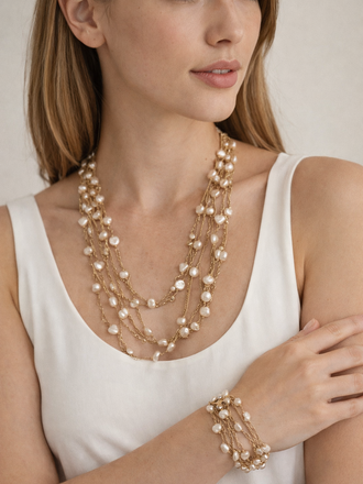 Wht.  Fresh Water Pearl Gold/Plt Necklace Set