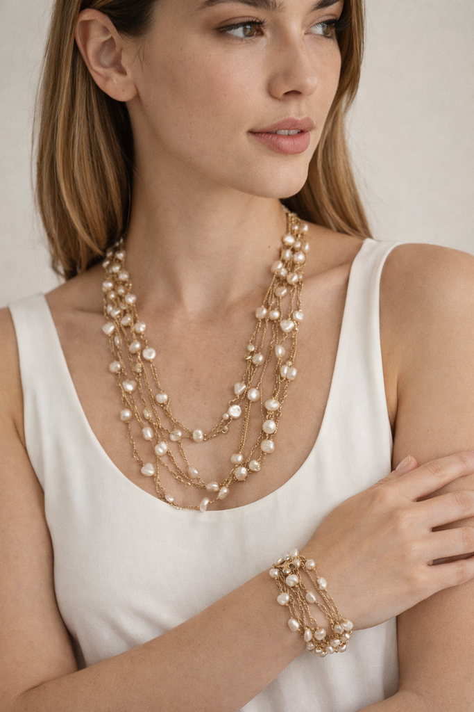 Giulia Blasi Wht.  Fresh Water Pearl Gold/Plt Necklace Set