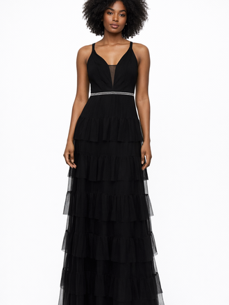 Black Sequence Frill Long Dress