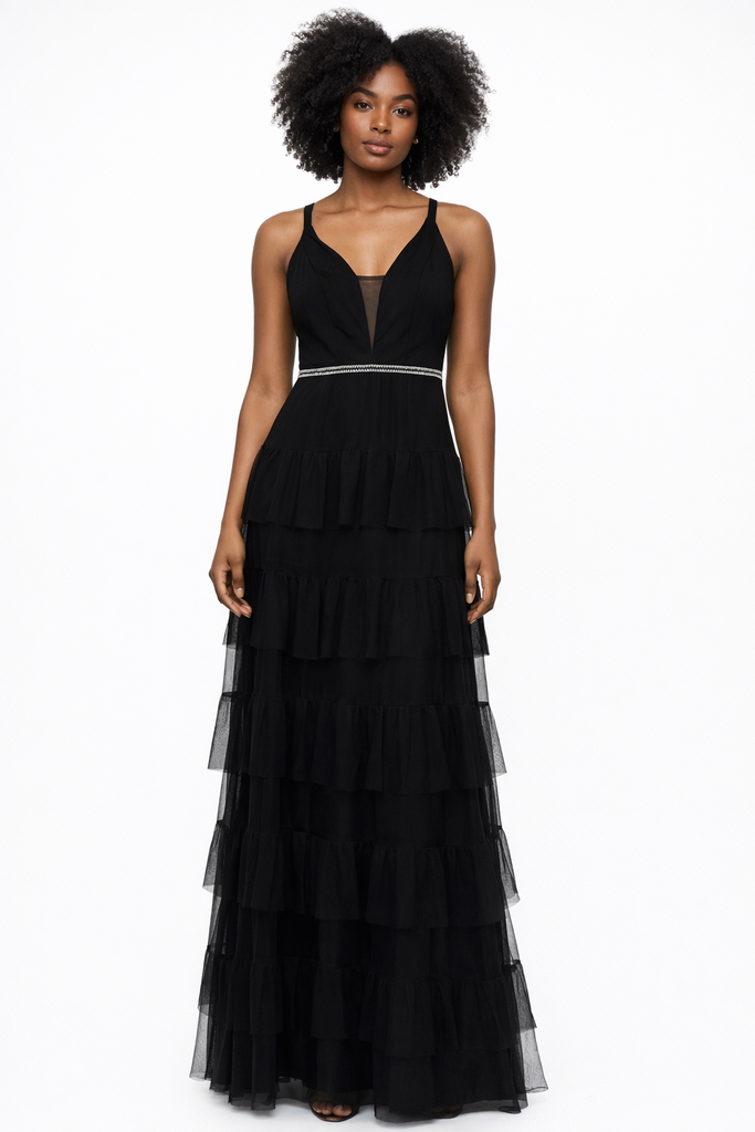 Black Sequence Frill Long Dress