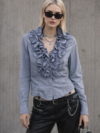 Frill Blue Blouse M