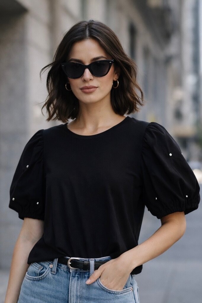 Black Short Sleeve Sequence Top M