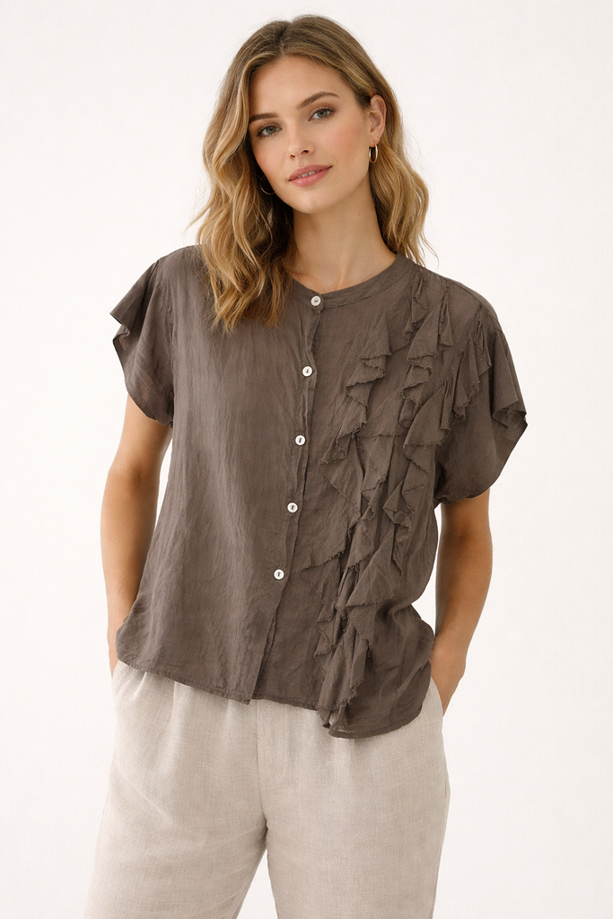 Cotton Sleeve Frill Blouse Brown S/M