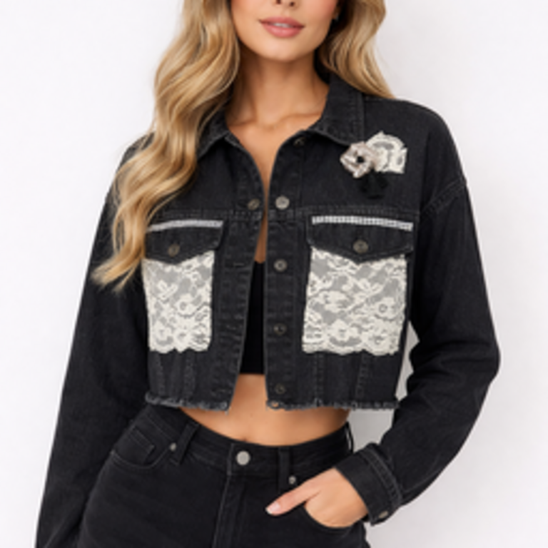 C|Dobbs Blk Denim Lace Crop Jacket