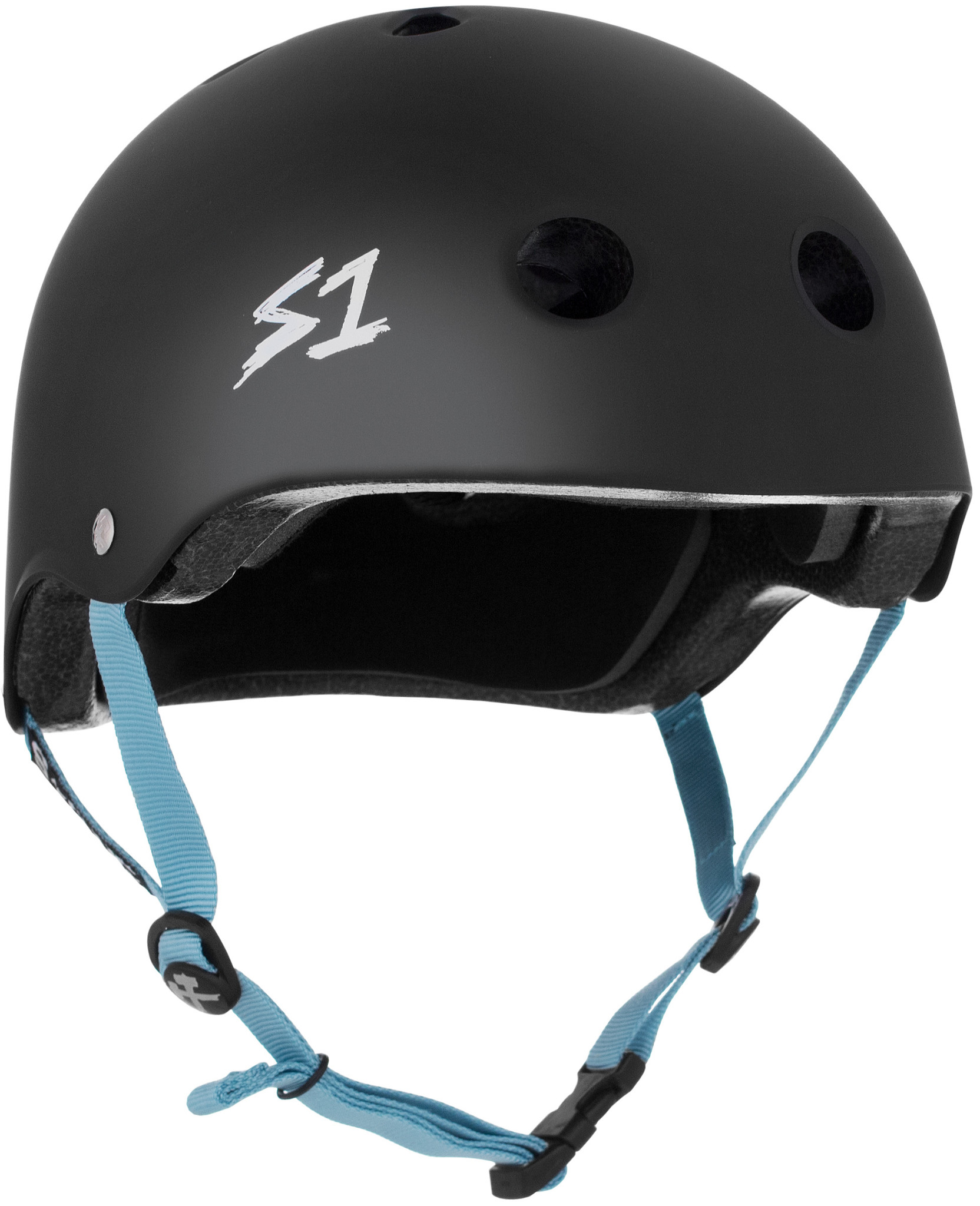 S1 LIFER HELMET - BLACK MATTE WITH LIGHT BLUE STRAPS (LIT)