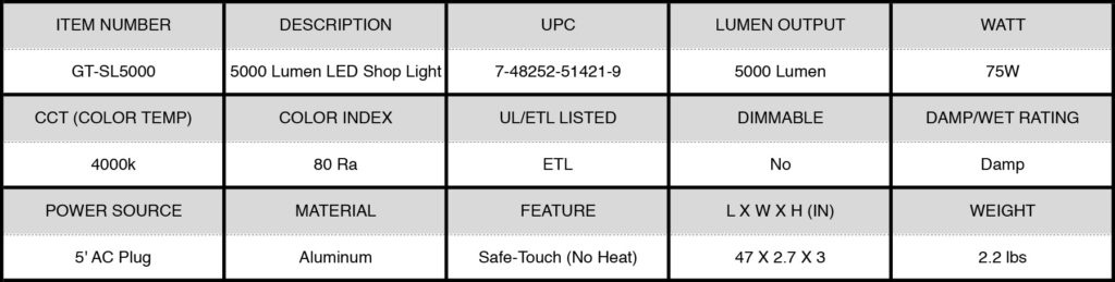 GT-SL-5000-LINK 5000 Lumen Led Linkable Shop Light