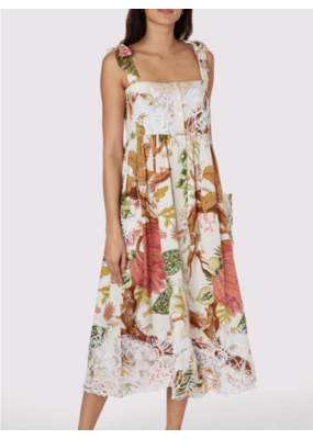 Juliet Dunn Floral Print Tie Shoulder Dress with Cut Out Embroidery