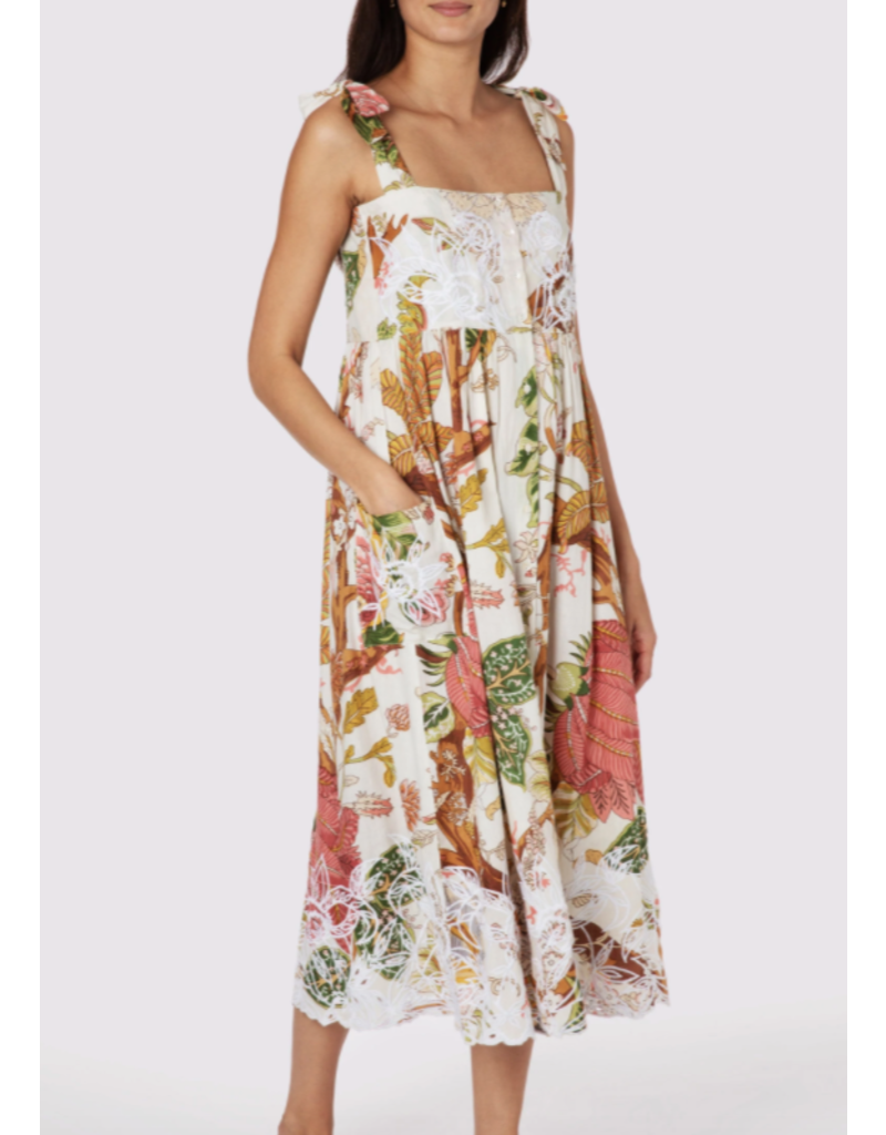 Juliet Dunn Floral Print Tie Shoulder Dress with Cut Out Embroidery