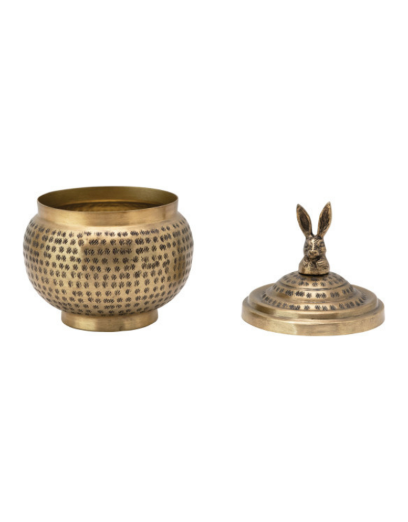 Hammered Brass Container with Rabbit Finial