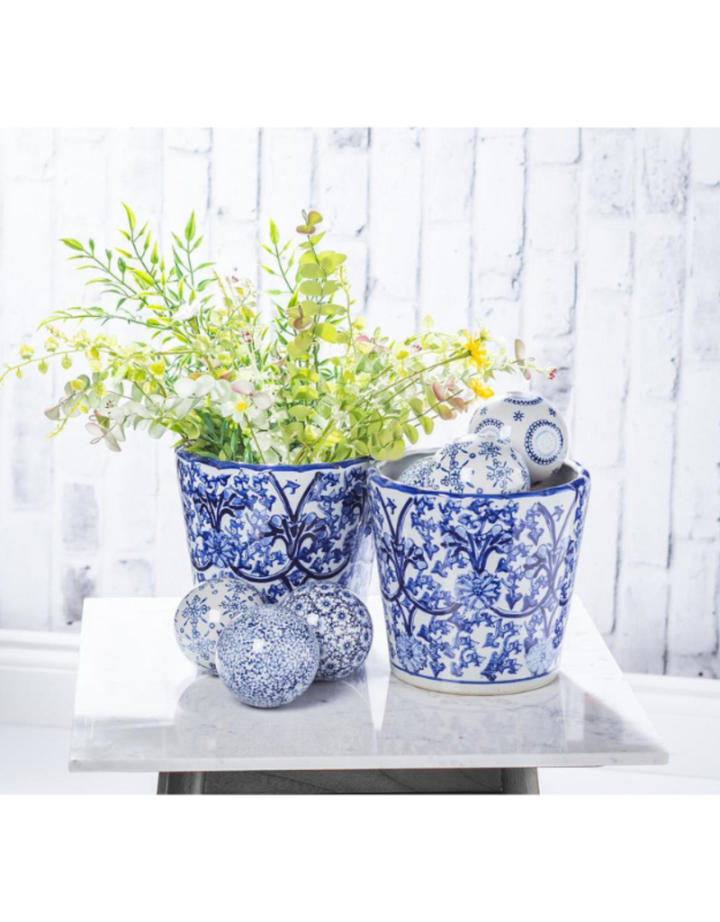 Ornate Tapered Planter in Blue & White