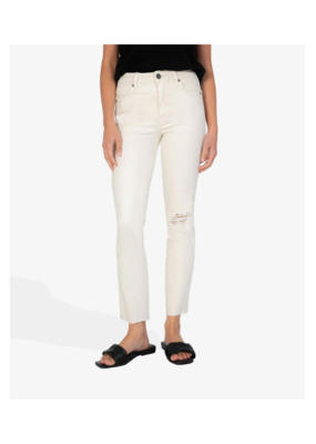 Kut from the Kloth Rachael High Rise Mom Jean with Raw Hem in Ecru by Kut from the Kloth