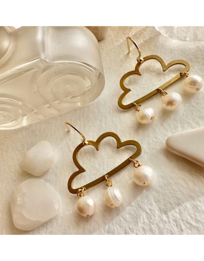 Pika & Bear Cumulus Raw Brass Cloud Earrings with Freshwater Pearls by Pika & Bear