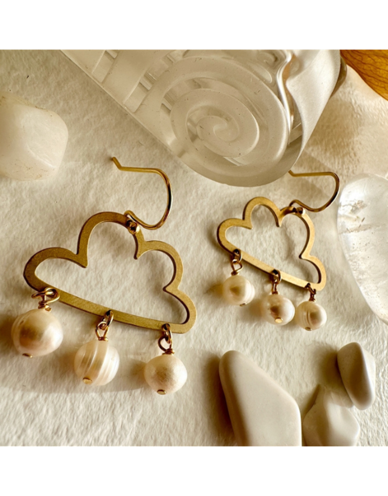 Pika & Bear Cumulus Raw Brass Cloud Earrings with Freshwater Pearls by Pika & Bear