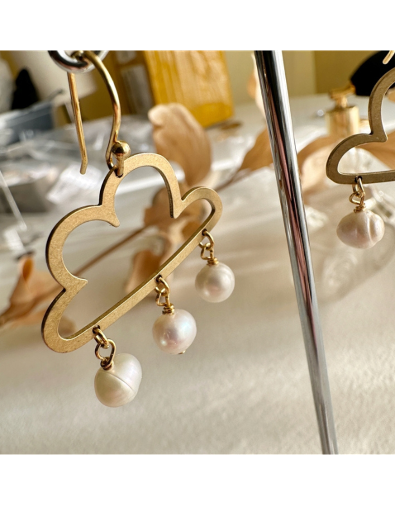 Pika & Bear Cumulus Raw Brass Cloud Earrings with Freshwater Pearls by Pika & Bear