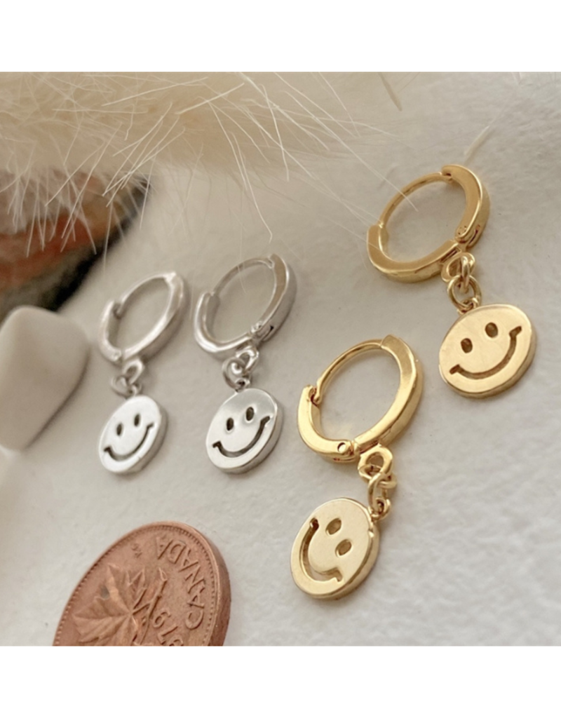 Pika & Bear Have a Nice Day Smiley Face Hugger Hoop Earrings in Silver by Pika & Bear