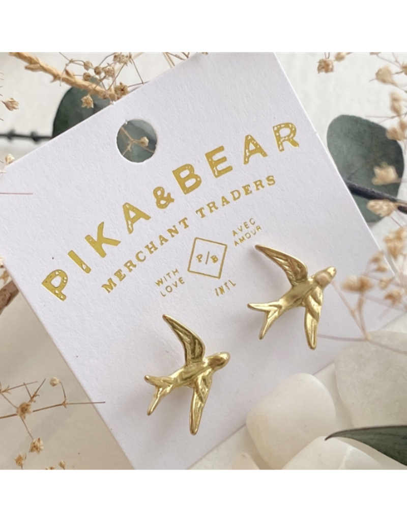 Pika & Bear Hirundo Raw Brass Barn Swallow Stud Earrings