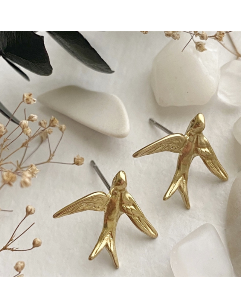 Pika & Bear Hirundo Raw Brass Barn Swallow Stud Earrings