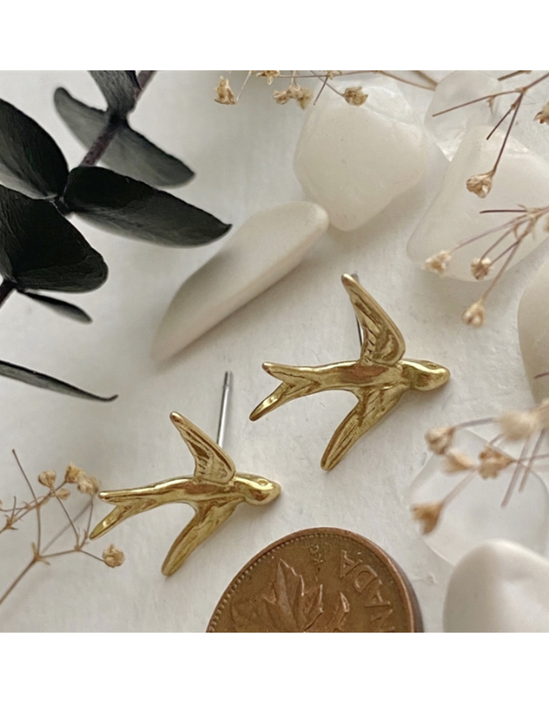 Pika & Bear Hirundo Raw Brass Barn Swallow Stud Earrings