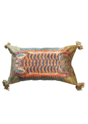 Creative Co-Op Cotton Velvet Pillow with Tibetan Tiger