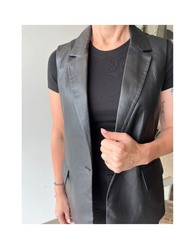 Esqualo Long Vegan Leather Gilet Vest in Black by Esqualo