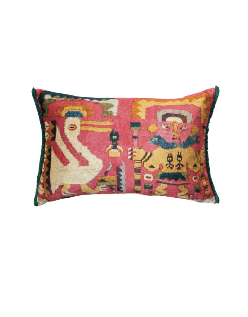Creative Co-Op Coral Multi Velvet Printed Lumbar Pillow with Fringe