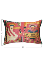 Creative Co-Op Coral Multi Velvet Printed Lumbar Pillow with Fringe