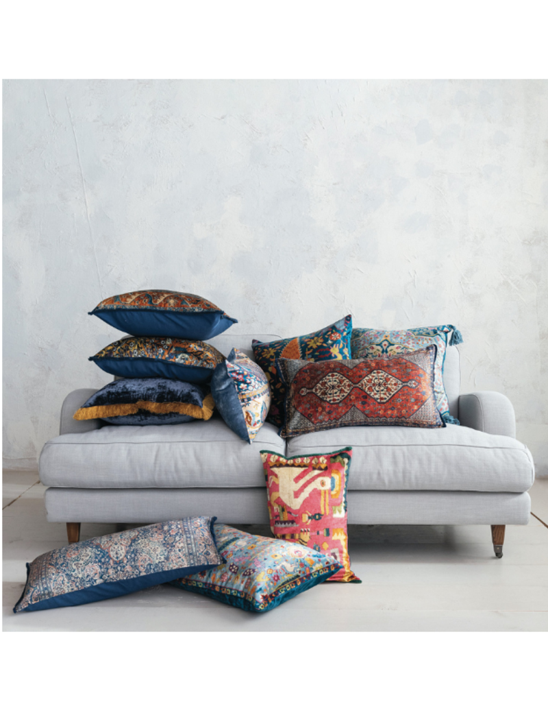 Creative Co-Op Coral Multi Velvet Printed Lumbar Pillow with Fringe