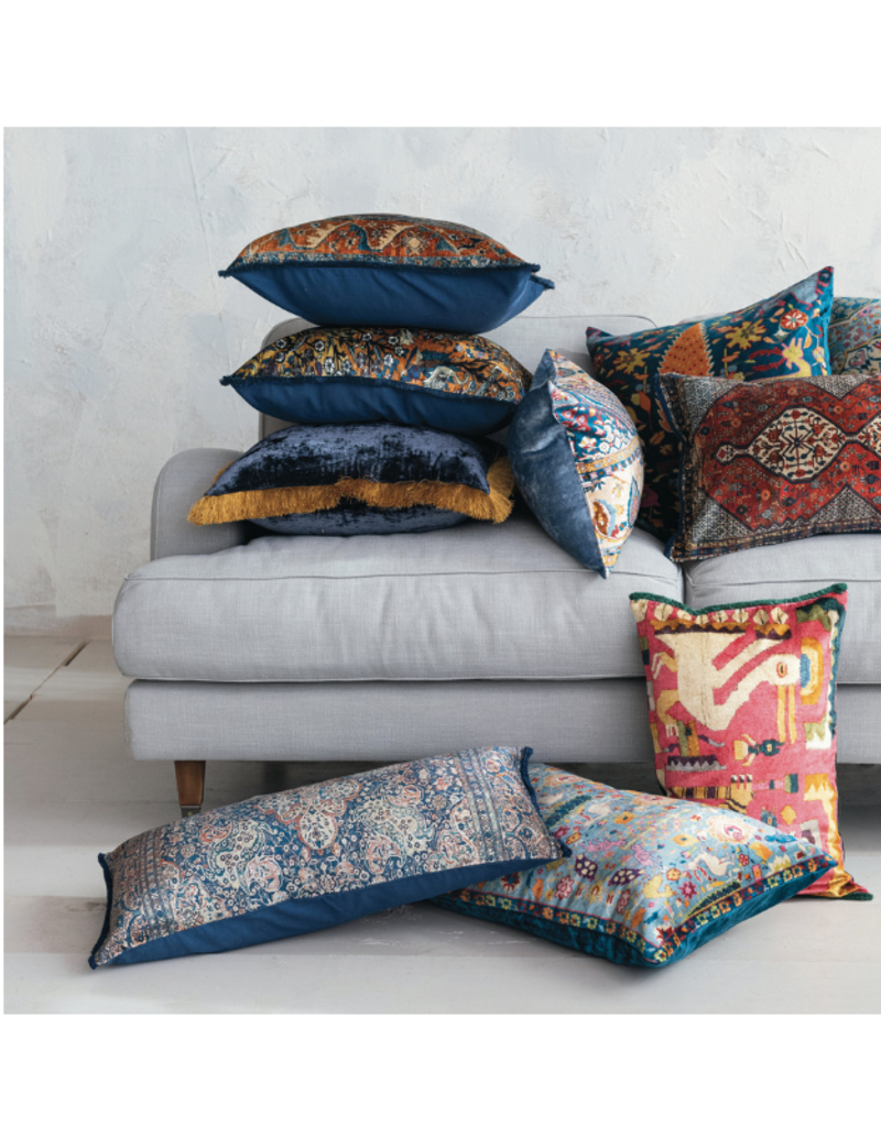 Creative Co-Op Coral Multi Velvet Printed Lumbar Pillow with Fringe