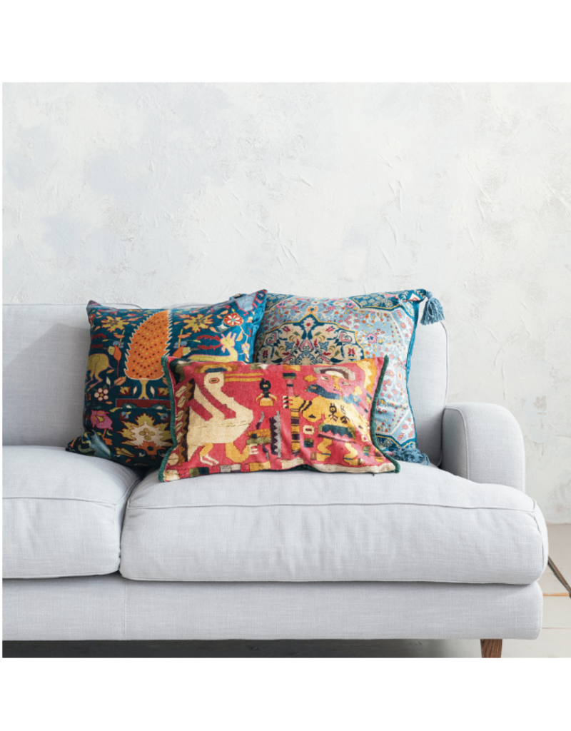 Creative Co-Op Coral Multi Velvet Printed Lumbar Pillow with Fringe