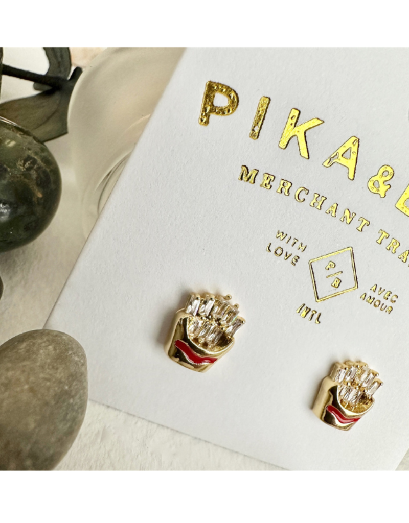 Pika & Bear Shoestring French Fry Gem Stud Earrings Gold  by Pika & Bear