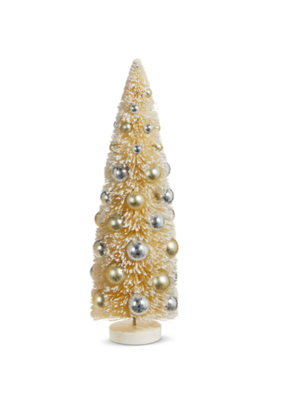 Snowy Bottle Brush Tree with Ornaments