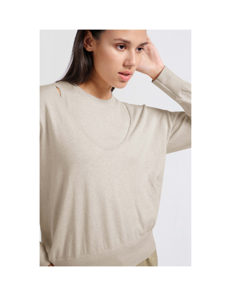 YAYA Deep Round Neck Sweater with Top in Beige Melange by YAYA