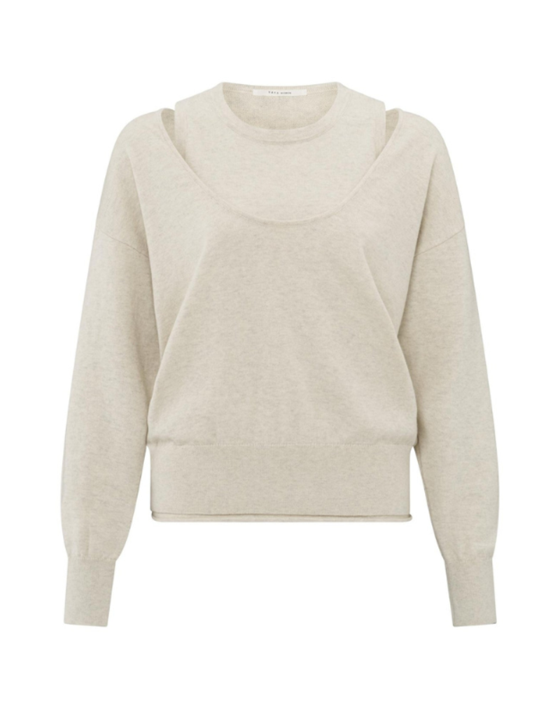 YAYA Deep Round Neck Sweater with Top in Beige Melange by YAYA