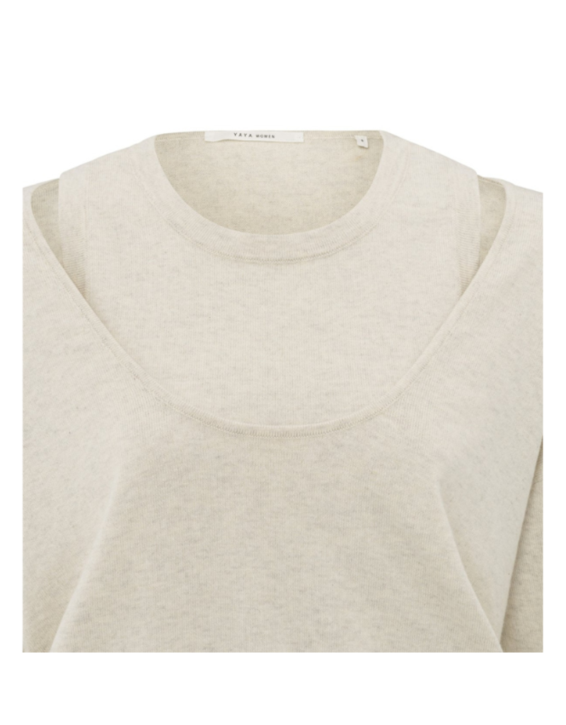 YAYA Deep Round Neck Sweater with Top in Beige Melange by YAYA