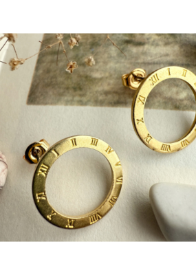 Pika & Bear Samsara Roman Numerals Circle Studs in Raw Brass by Pika & Bear