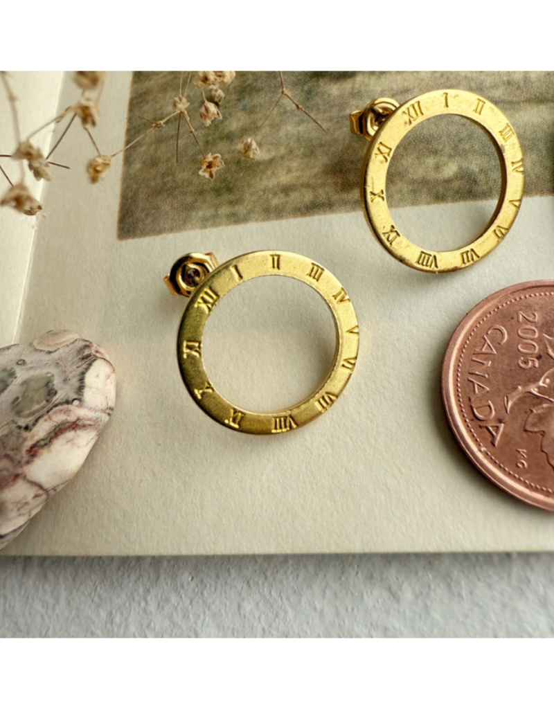 Pika & Bear Samsara Roman Numerals Circle Studs in Raw Brass by Pika & Bear