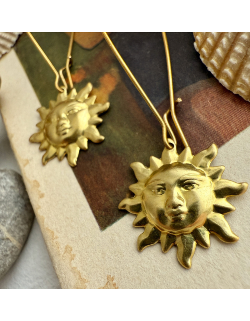 Pika & Bear Surya Sun Face Drop Earrings in Raw Brass by Pika & Bear