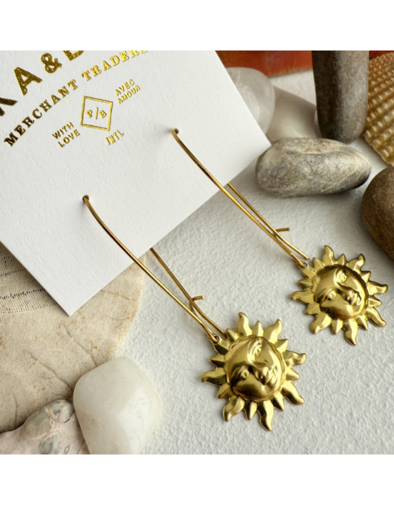 Pika & Bear Surya Sun Face Drop Earrings in Raw Brass by Pika & Bear
