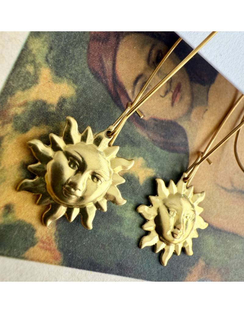 Pika & Bear Surya Sun Face Drop Earrings in Raw Brass by Pika & Bear