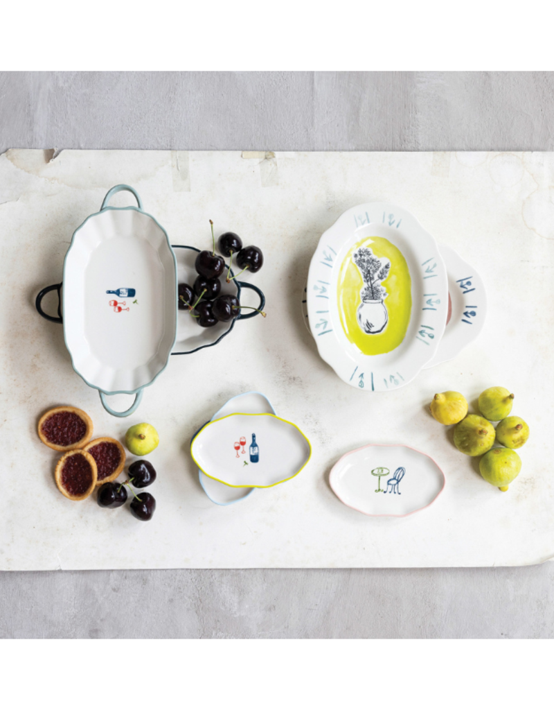 Creative Co-Op Oval Scalloped Plate with Flowers