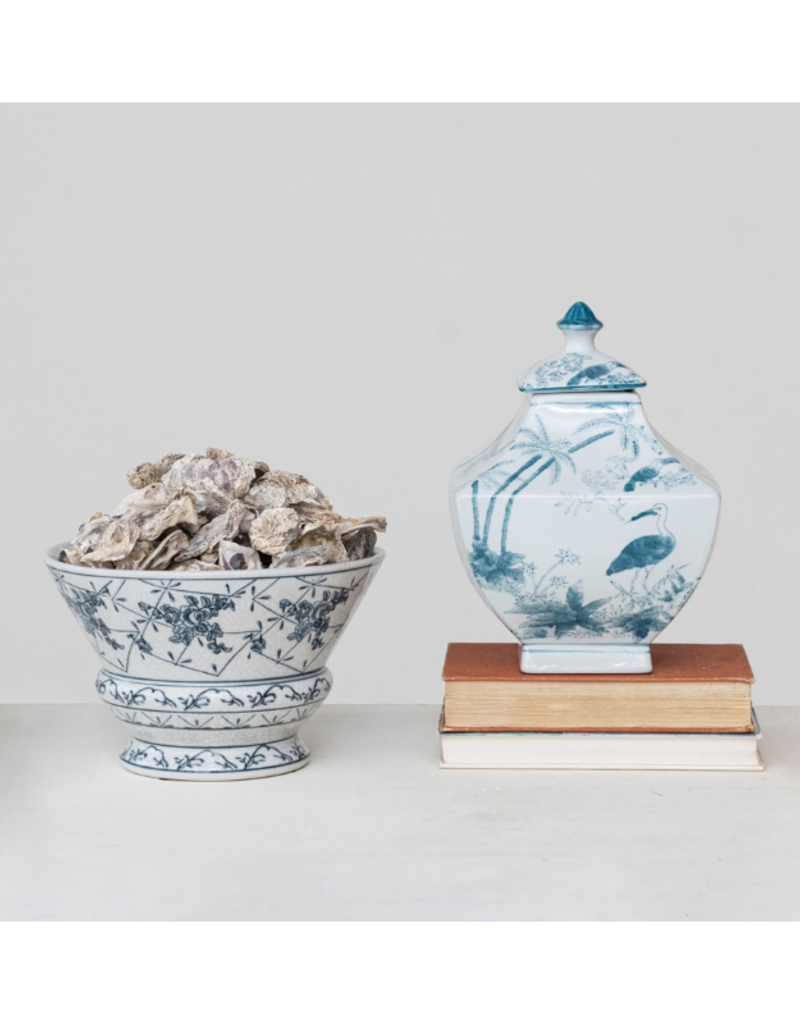 Creative Co-Op Hand-Painted Blue & White Porcelain Pedestal Bowl